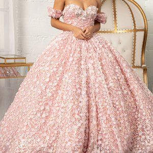 DUSTY ROSEJewel Embellished Mesh Quinceanera Ball Gown 3-D Applique Corset G3019